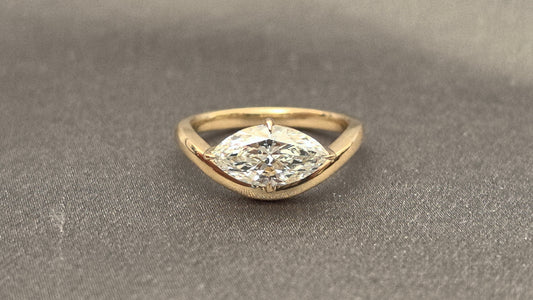14K Gold pinky ring | Horizontal Marquise Diamond | Modern Solitaire | 1ct Lab-Grown