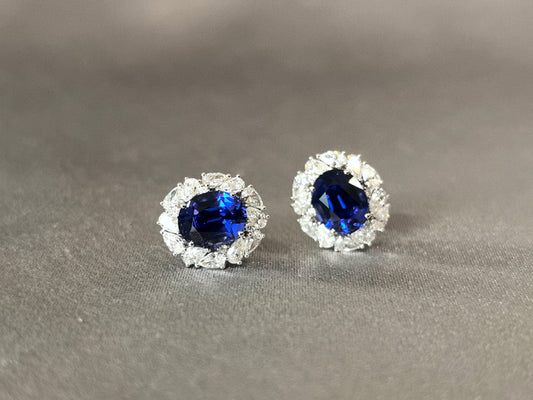 Oval Sapphire Stud Earrings | Symmetrical Floral Design | Lab-Grown Luxury
