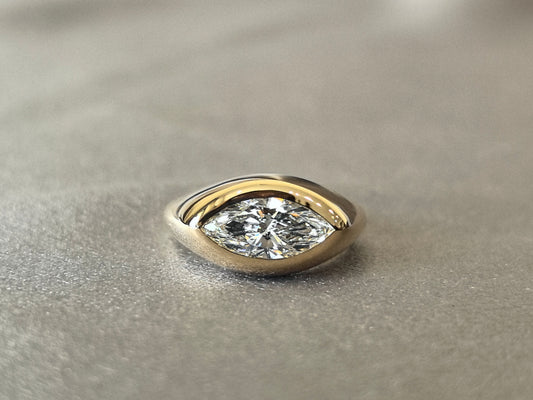 14K Thick Gold Polished Ring | Marquise Cut Diamond | Modern Solitaire Style | 1 Carat Lab-Grown Diamond