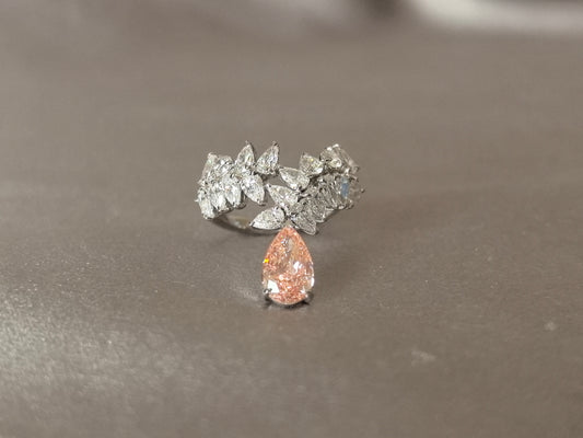 1.22ct 5g Pear Pink Lab Diamond Leaf Ring | White Diamond Leaf Accents