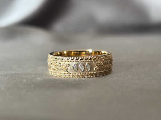 Men's wide band ring | Centered with three marquise-cut diamonds | Lab-grown diamond ring | Fully engraved design | Vintage jazz-style ring