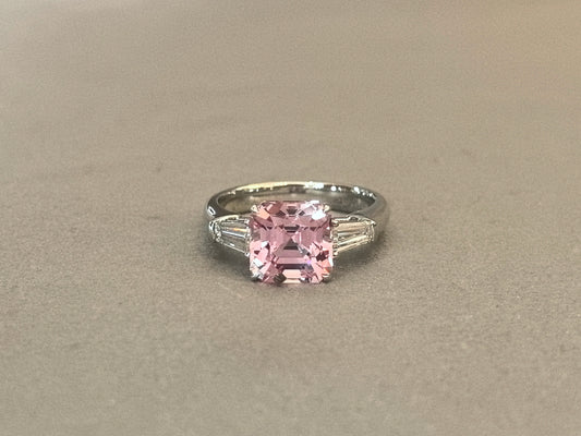 3.66 Carat Asscher Cut | Pink Sapphire Three-Stone Ring | Trapezoid Triangle Side Stones