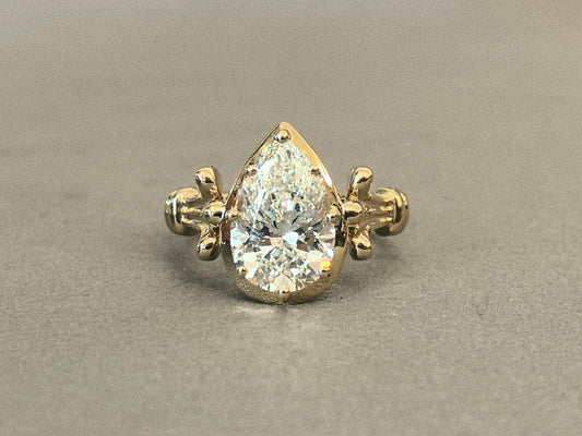 PE-017 | Ornate Pear-Cut Diamond Ring | Vintage-Inspired Engagement Ring | Decorative Accent Arms Ring