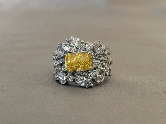 2 Carat Radiant 18K Gold | Vivid Yellow Lab-Created Diamond Ring | Vintage Half-Hoop Design | Surrounded by Side Stones of Various Shapes