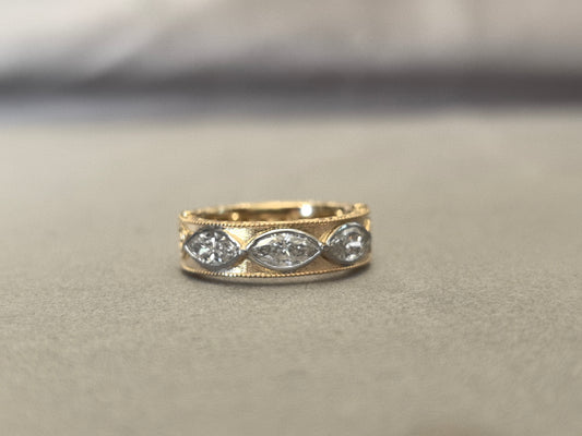 Women's Wide Band Ring | Center Set with 3 Marquise-Cut Diamonds | 14k Gold | Lab-Grown Diamond Ring | Three-Sided Engraving Design | Vintage Jazz Style Ring