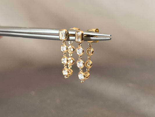 Round and Emerald  Diamond | Chain Earrings | 14k Lab-Grown Diamond | Bezel Setting