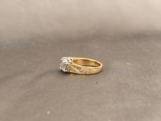 BW-008 | Three-Stone Ring | Round Center Diamond | Round Side Diamonds | Round Shank with Fine Engraving