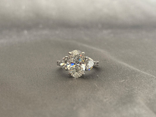 0121 4  Carat Oval Diamond Ring | Platinum Engagement Ring | Lab Grown Diamond Ring | Four Prong Setting | Heart Side Stones | Unique Diamond Ring | Statement Ring | Heirloom Quality | Bridal Jewelry | Gift For Hertatement ring | Gift for her