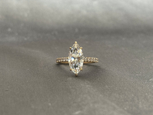 3 Carat Marquise Diamond Ring | 14K Yellow Gold Ring | Lab Grown Diamond Ring | Six Prong Setting | Openwork Basket Setting | Pave Diamond Band