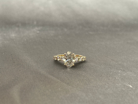 2  Carat Oval Diamond Ring | 14K Yellow Gold Ring | Lab Grown Diamond Ring | Four Prong Setting | Openwork Basket Setting | Three Stone Side Accents