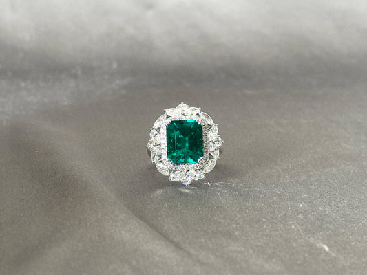 5 Carat Emerald Ring | 14K White Gold Ring | Lab Grown Emerald RingMarquise & Round Diamond Halo | Symmetrical Design