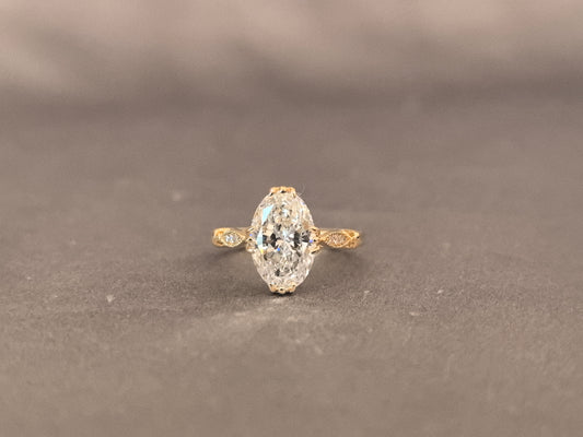 OV-050 |Oval Cut Diamond | Marquise Diamond Accents | Pinky Ring | Round Shank 14k Yellow Gold Ring