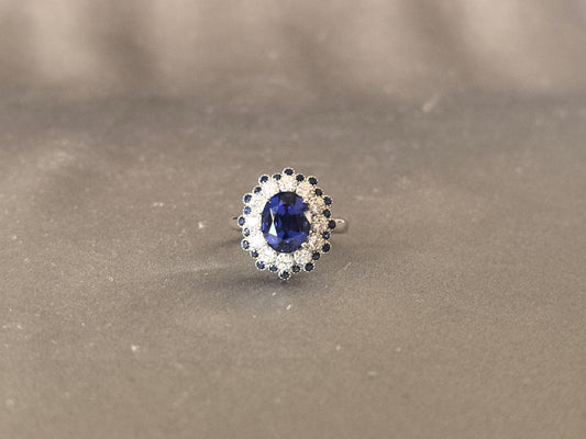 GR-007 | Oval Cut Lab-Grown Blue Sapphire Ring | Secure Prong Setting | Timeless Vintage Halo Anniversary Ring