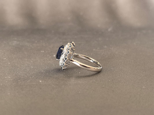 GR-007 | Oval Cut Lab-Grown Blue Sapphire Ring | Secure Prong Setting | Timeless Vintage Halo Anniversary Ring