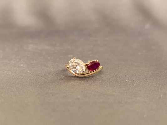 OV-048 | Two-Stone Ring | Oval Center Diamond | Pigeon Blood Ruby | Curved Shank
