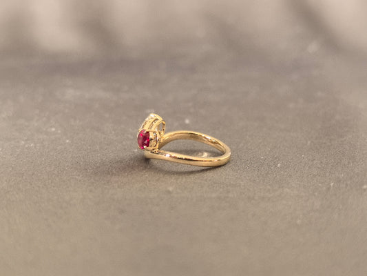 OV-048 | Two-Stone Ring | Oval Center Diamond | Pigeon Blood Ruby | Curved Shank