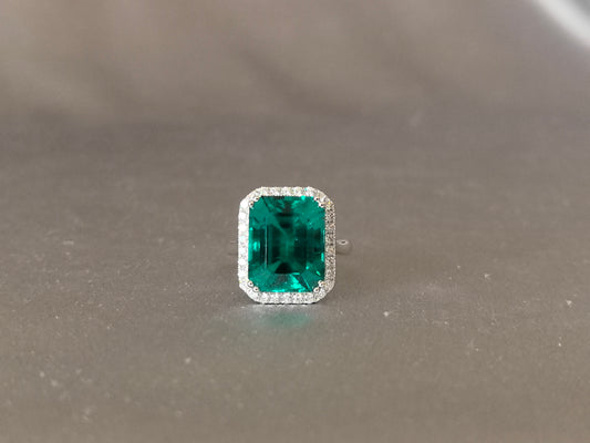 GR-005 | Emerald-Cut Lab-Grown Emerald Ring | Diamond Halo Emerald Ring| White Gold Statement Cocktail Ring | Vintage-Inspired Engagement Ring