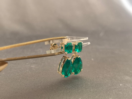 GE-002| Asscher Cut Gemstone &  Pear Shape Emerald Earrings | Unique Design | Prong-Set Emerald Drop Earrings