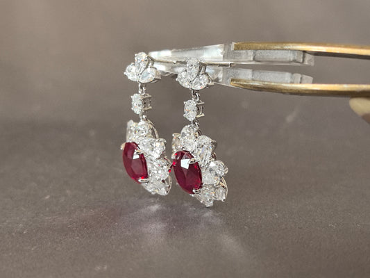 GE-004 | Oval Pigeon Blood Ruby Drop Earrings | Pear & Oval Diamond Accents | Four Prong Setting | Unique Design