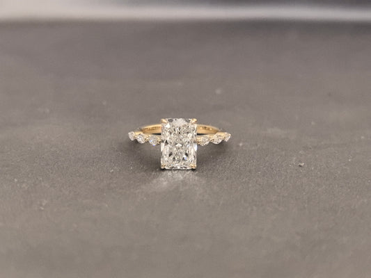 RD-004 |Radiant-Cut Diamond Ring|  Marquise-Side Accent Engagement Ring | 4-Prong Set