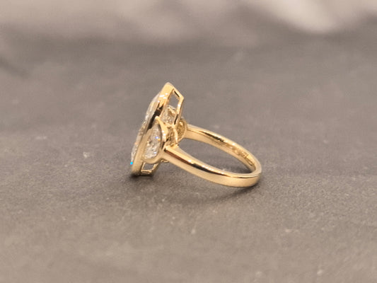 OV-006| Moval Three Stone Diamond Ring | Half Moon Side Stone | Bezel Setting
