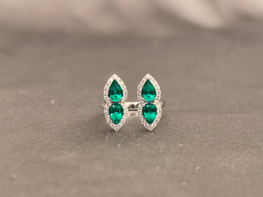 GR-003 | Emerald Gemstone Ring | Pear Shape Design | Peanut Motif | Open Ring | Round Shank