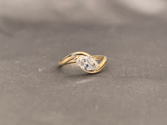 MA-002|Marquise Cut Bezel Solitaire Ring|Twisted Bypass Band|Yellow Gold Bezel Setting|Lab Grown Diamond Ring|Modern Minimalist Engagement Ring