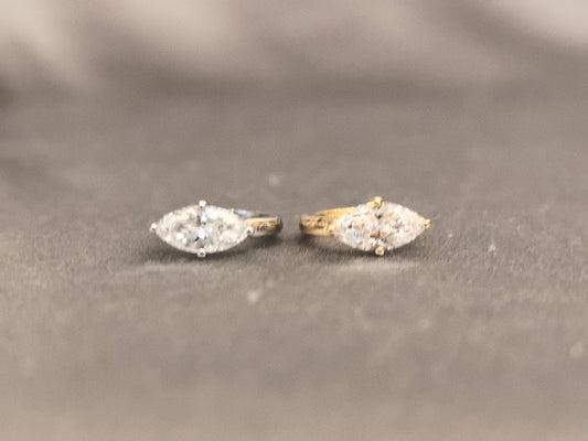E-001 |Marquise Cut Diamond Huggie Earrings|Four-Prong Set|Two-Tone Gold Hoops|Lab Grown Diamond|Minimalist Everyday Fine Jewelry