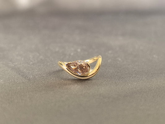 PE-003|Brilliant pear-cut champagne diamond| Bezel-set pink diamond ring|Sculptural modern silhouette | Scratch-resistant setting