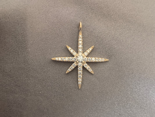 O-004|Pave-set starburst pendant|Full pave-set|Celestial-inspired silhouette|Central round diamond accent
