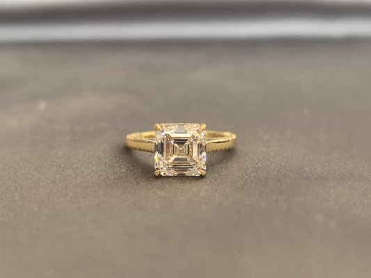 AC-001|Asscher-cut lab diamond engagement ring|4-prong set |Pave-set diamond accents on the band|Everyday wear
