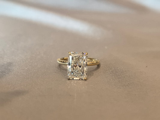 RD-001|Radiant-cut lab diamond engagement ring| Hidden halo pave diamond ring |Four-prong Set