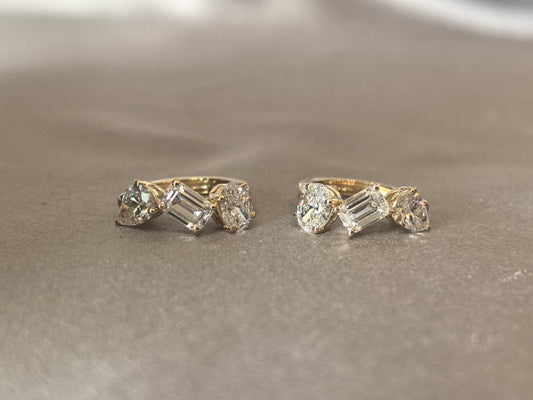 E-003|Mixed-Cut Three-Stone Hoop Earrings|Emerald & Oval Diamond Combination|Geometric Symmetrical Sparkle