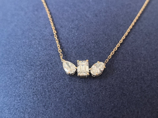 N-005 |Three-Stone Mixed Cut Diamond Necklace | Emerald & Pear & Oval Cut | Lab-Grown Diamond