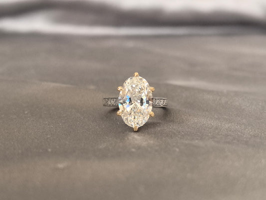 OV-039|Vintage engraved solitaire ring|Oval-cut lab diamond|6-prong set |Milgrain edged ring shank
