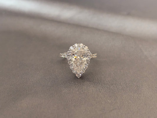 PE-011|Pear-Cut Lab Diamond Halo Engagement Ring | Petal openwork design | Pave-Set Band| Half Eternity Ring