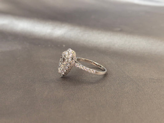 PE-011|Pear-Cut Lab Diamond Halo Engagement Ring | Petal openwork design | Pave-Set Band| Half Eternity Ring