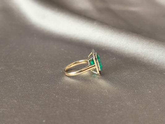 GR-002| Lab-Grown Emerald Center Stone | Baguette-Cut Blue Sapphire Accents | Bezel Set | Geometric Halo Frame |Anniversary & Milestone Gift