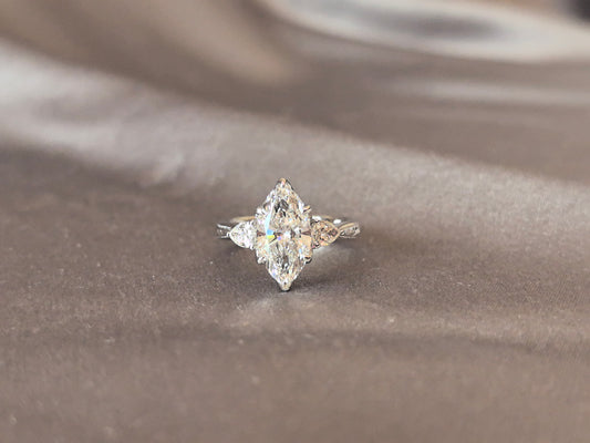MA-020 | Marquise-Cut Lab-Grown Diamond Three-Stone Engagement Ring | Prong-Set | Refined Symmetrical Three-Stone Style