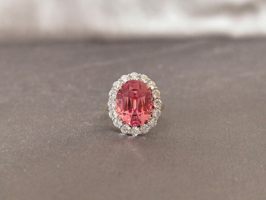 GR-010 | Oval-Cut Pink Tourmaline Diamond Halo Ring | Prong-Set | Elegant Colorful Statement Ring