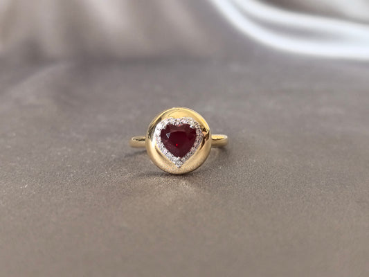 GR-011 | Heart Shaped Ruby Halo Ring | Textured Bubble Bezel Setting | Unique Textured Gold Jewelry