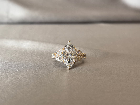 MA-014 | Marquise-Cut Lab-Grown Diamond Cluster Engagement Ring | Prong Set | Contemporary Filigree Design