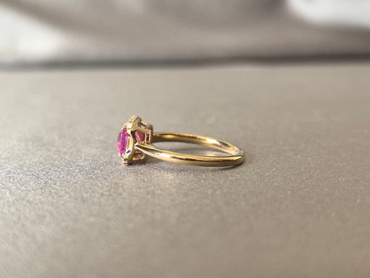 GR-006 | Emerald-Cut Lab-Grown Pink Sapphire Halo Ring | Polished High-Shine Comfort-Fit Band | Striking Pink & White Color Contrast
