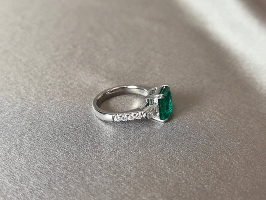GR-005 | Emerald-Cut Lab-Grown Emerald Three-Stone Ring | Prong-Set | Fiery Tapered Baguette & Round Diamonds