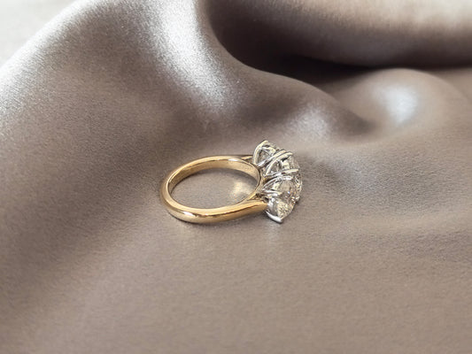 RO-020 | Round-Cut Lab-Grown Diamond Three-Stone Engagement Ring | Prong-Set | Striking Two-Tone Gold Color Contrast