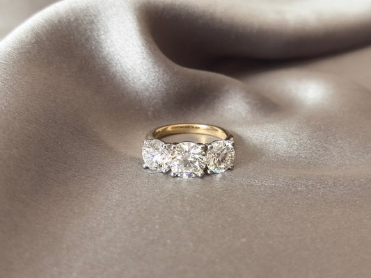 RO-020 | Round-Cut Lab-Grown Diamond Three-Stone Engagement Ring | Prong-Set | Striking Two-Tone Gold Color Contrast