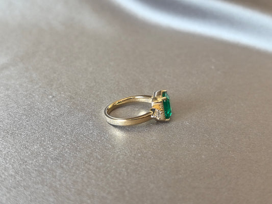 GR-012 | Emerald-Cut Emerald Three-Stone Ring | Delicate Handcrafted Milgrain Bezel | Elegant Vintage-Inspired Statement Ring