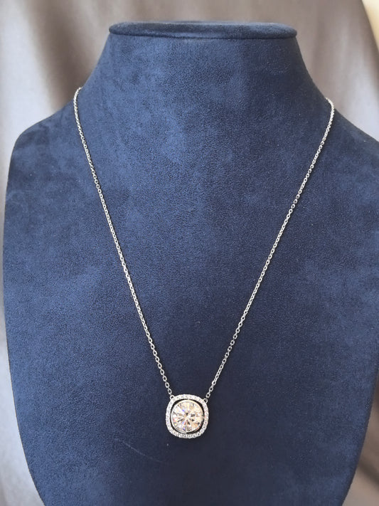 N-009 | Lab-Grown Diamond Cushion Halo Pendant Necklace | Secure Bezel-Set Center & Pave-Set Halo Diamonds |Elegant Formal Event Statement Pendant