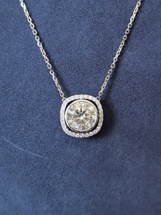 N-009 | Lab-Grown Diamond Cushion Halo Pendant Necklace | Secure Bezel-Set Center & Pave-Set Halo Diamonds |Elegant Formal Event Statement Pendant