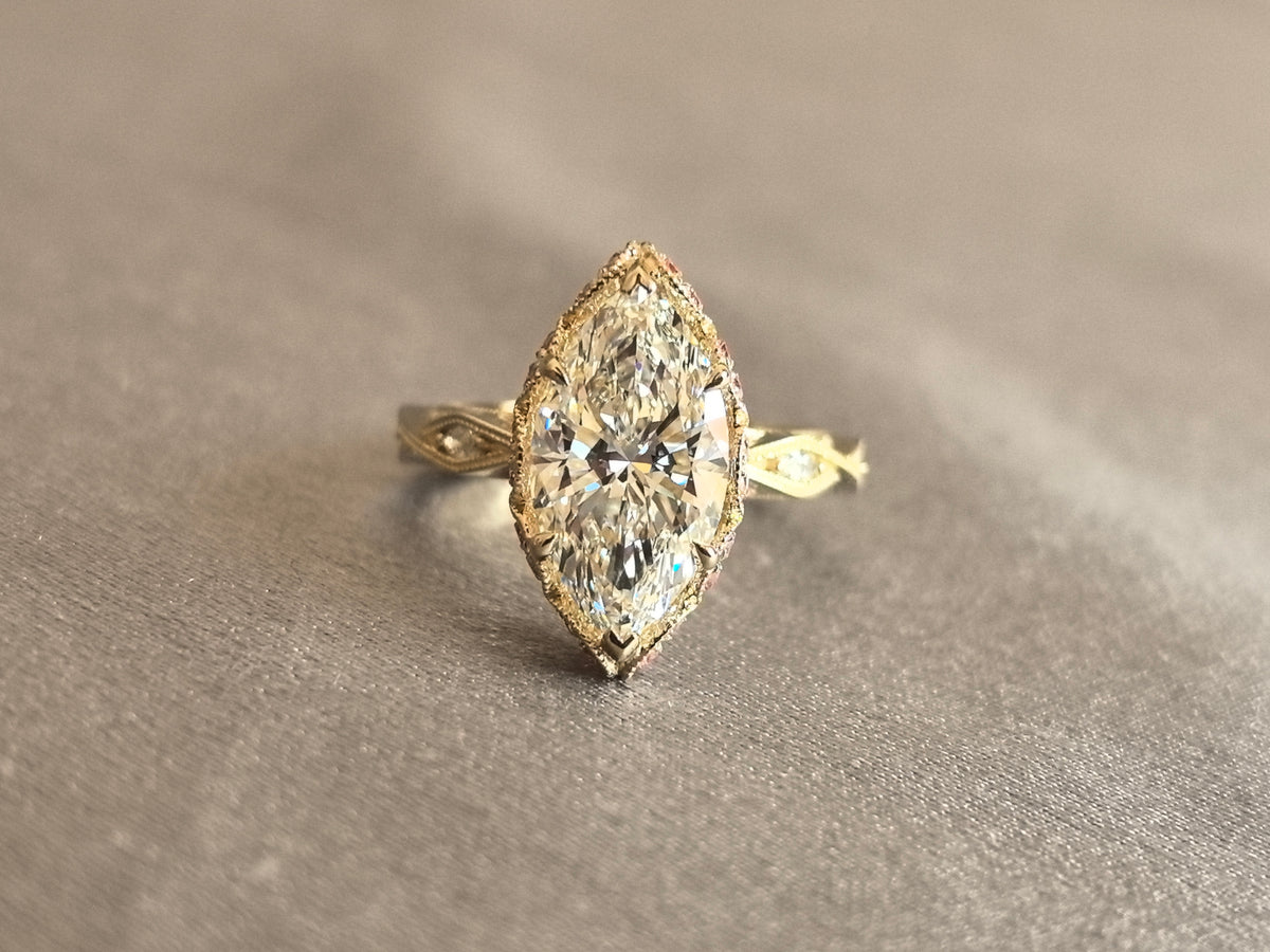 Juno Diamond MA-077 | Marquise Lab-Grown Diamond Vintage Ring With Leaf-Engraved Shank And Pink Micro-Pavé Halo Ring